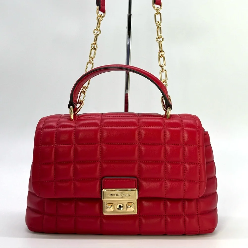Michael Kors Tribeca Medium Quilted Leather Satchel Bag Crimson Red